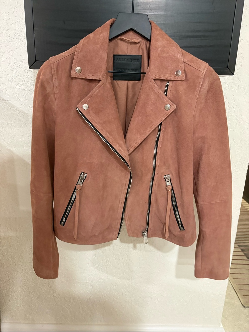 All Saints Suede Moto Jacket in Rose Tan